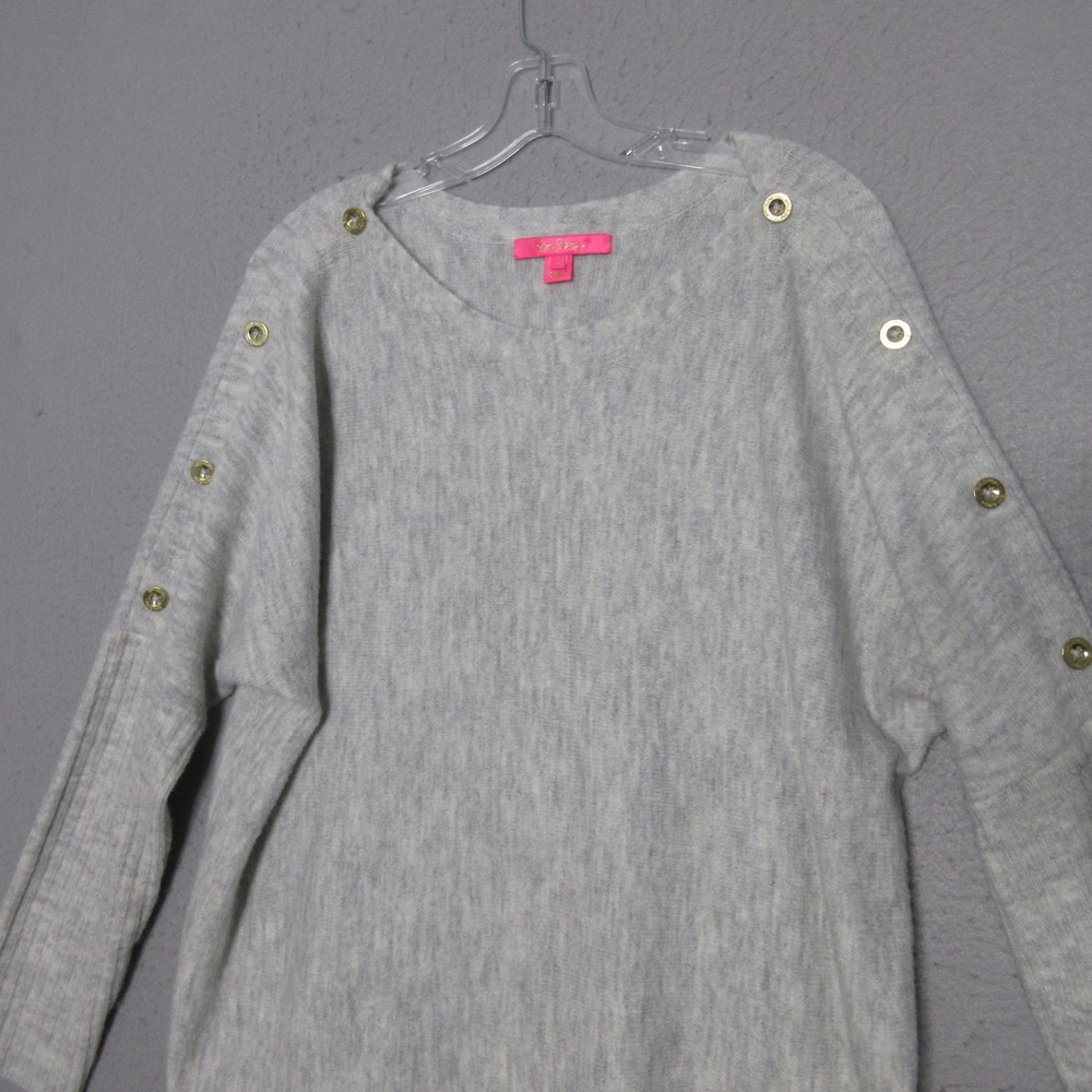 Lilly Pulitzer Sweater Large Gray Boat Neck Gold Button Arna Layer Coastal Beach